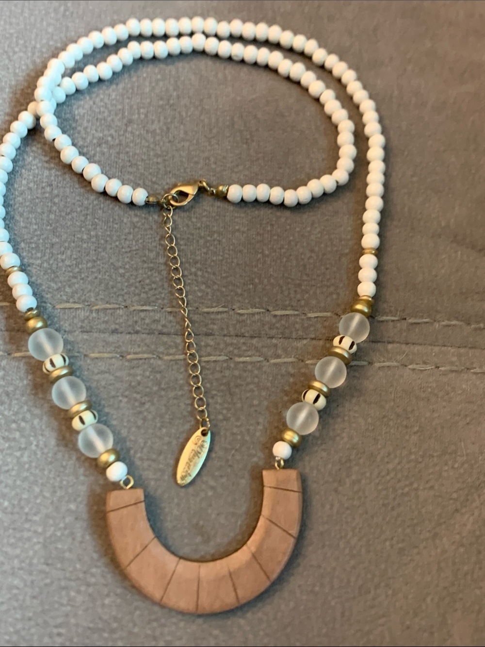 Plunder White Beaded Necklace with Wood Crescent and Gold Accents